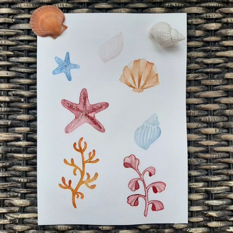 Watercolour Shells Seashells, Watercolor Shells Tutorial, Watercolor Seashells Easy, Seashell Watercolor, Watercolor Shells, Teen Camp, Watercolor Seashells, Starfish Painting, Sea Shells Diy