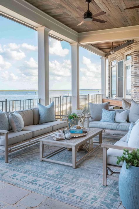 12 Modern Coastal Decor Ideas for a Serene Home – Everyday Inspo Coastal Interior Design Ideas, Coastal Grandma House, Coastal Deck, Modern Coastal House, Serene Home, Coastal Garden, Deck Decor, Modern Coastal Decor, Beach Patio