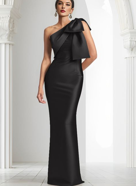 Sheath/Column One-Shoulder Satin Mother Of The Bride Dresses With Bow(s) Black Tie Dress Wedding, Dresses With Bow, Banquet Dress, Bridesmaid Duties, Black Tie Party, Banquet Dresses, Bride Gowns, One Clothing, Glam Dresses