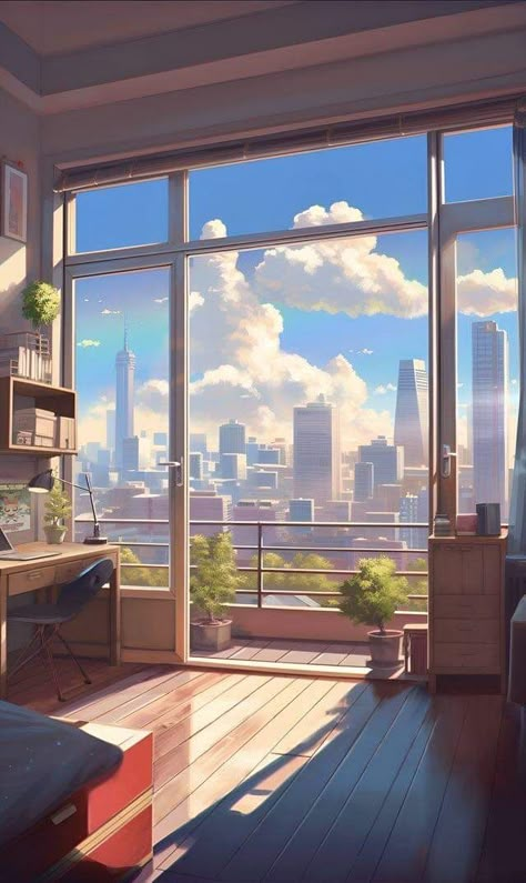 Lofi City, Sunny Bedroom, Studying Music, Lofi Art, Skyline Illustration, Bedroom View, Bedroom With Balcony, Anime City, Wallpaper Iphonewallpaper