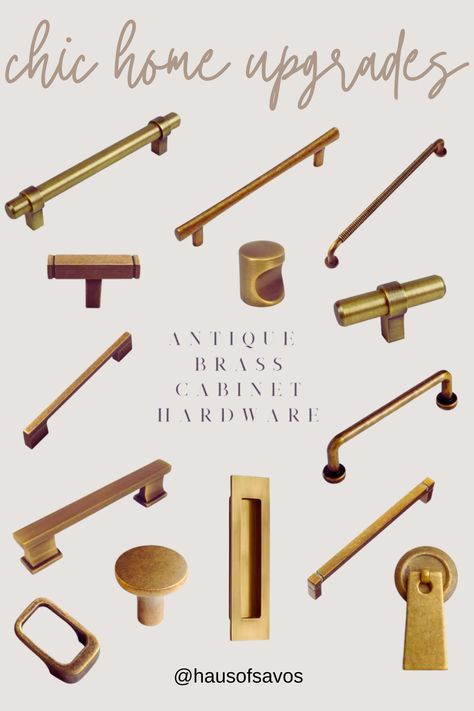 Organic Modern Hardware, Antiqued Brass Hardware Kitchen, Antique Brass Kitchen Hardware White Cabinets, Affordable Cabinet Hardware, Black And Brass Kitchen Hardware, Antique Brass Kitchen Hardware, Venetian House, Brass Kitchen Pulls, Antique Brass Cabinet Hardware