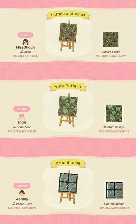 Animal Crossing Vines Design, Acnh Vines Code, Acnh Lattice Panel, Acnh Wall Pattern, Acnh Ivy Design, Acnh Wood Panel Design, Acnh Vines Design, Acnh Plant Shelf Code, Acnh Vine Panel Code