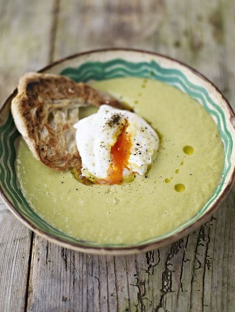 Asparagus Soup | Vegetables Recipes | Jamie Oliver Recipes Creamy Asparagus Soup, Ella Vegan, Egg On Toast, Vegeterian Recipes, Creamy Asparagus, Asparagus Soup, Jamie Oliver Recipes, Celery Soup, Egg Toast