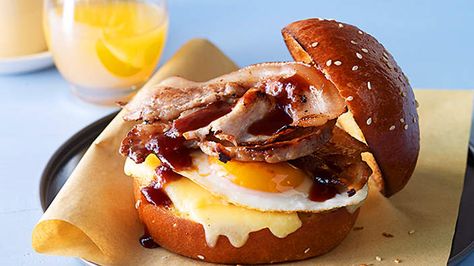 Bacon and egg roll with HP-style sauce recipe : SBS Food Bacon And Egg Roll, Best Homemade Biscuits, Toasted Sandwich, Egg And Bacon, Bacon Roll, Homemade Biscuits Recipe, Brioche Rolls, Super Easy Dinner, Recovery Food