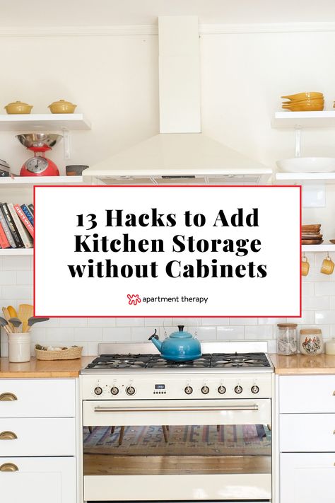 Make your kitchen more functional with these genius hacks to add storage for dishes and more, without adding cabinets. Kitchen Without Cabinets Ideas, Adding Cabinets, Kitchen Cleaning Storage, Kitchen Without Cabinets, Kitchen Without Upper Cabinets, 50s Home, Under Shelf Storage, Bathroom Organization Hacks, Kitchen Storage Hacks