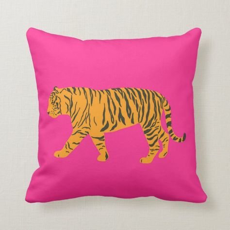 Pink Orange Vibrant Bright Tiger  Throw Pillow Hot Pink Throw Pillows, Animal Print Throw Pillows, Tiger Decor, Tiger Gifts, Pillow Inspiration, Personalized Throw Pillow, Pink Throw Pillows, College Stuff, Orange Decor