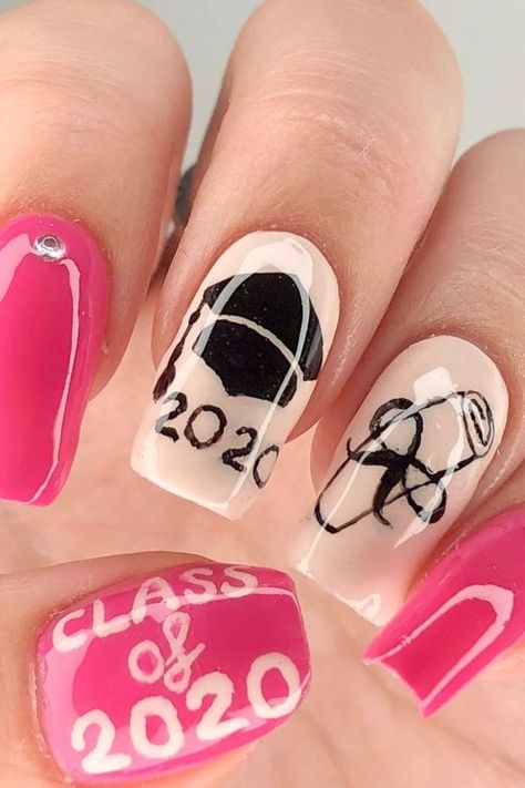 Pink Graduation Nail Design Graduation Nail Designs, College Nails, Graduation Nails, Acrylic Nail Set, Cap And Gown, Short Acrylic Nails, Stylish Nails, Picture Perfect, Big Day