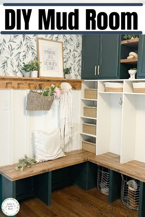 This DIY mudroom has a beautiful corner bench, lockers, cabinets, and a peg rail batten wall. See all of the tutorials and FAQs. #diymudroom #mudroombuild #mudroomstyling #homedecor Hall Tree Entryway Diy Plans, Study Shelving, Mud Room Shoe Rack, Corner Bench With Storage, Mudroom Remodel, Mudroom Makeover, Peg Rail, Mudroom Lockers, Bench Mudroom