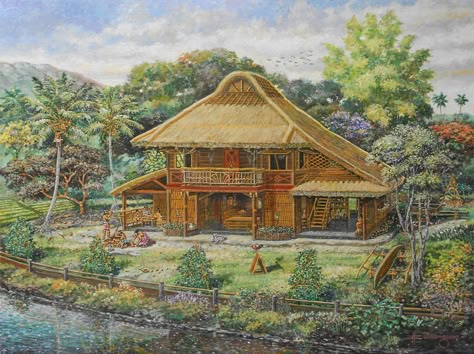 Pre-colonial Lowland House - by JBulaong 2020 #Maharlika #JBulaong #oiloncanvas #painting #PrecolonialPhilippines #Islandsofgold #Ophir #utopia #ancientPhilippinegold #Filipinohouse #indigenousarchitecture #Philippinearchitecture Pre Colonial Philippines, Philippine Folklore, Houses Background, Colonial Philippines, Modern Bahay Kubo, History Drawing, Philippine Architecture, Architecture Symbols, Filipino House