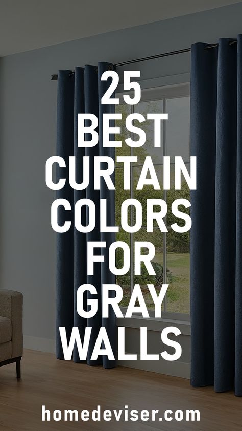 25 Best Curtain Colors for Gray Walls! Achieve a harmonious look by choosing the right curtain colors for your gray walls. Add a touch of elegance to your gray walls with these 25 eye-catching curtain colors and patterns. Gray Room Curtains, Grey Living Room With Curtains, Gray Walls Curtains, Curtains On Grey Walls Living Rooms, Curtains With Gray Walls Living Room, Curtain Colours For Grey Walls, Curtains For Grey Floors, Dark Grey Curtains Bedroom Ideas, Curtain Ideas For Grey Living Room