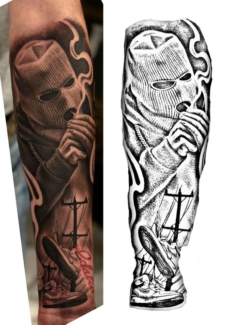 Collage Tattoo Sleeve Men, Money Man Tattoo, Doughboy Tattoo Design, Black Work Tattoo Men, Prison Tattoo Ideas For Men, Thug Tattoos For Men, Gang Tattoo Design, Chicano Tattoos Sleeve For Men, Chicano Art Tattoos Gangsters