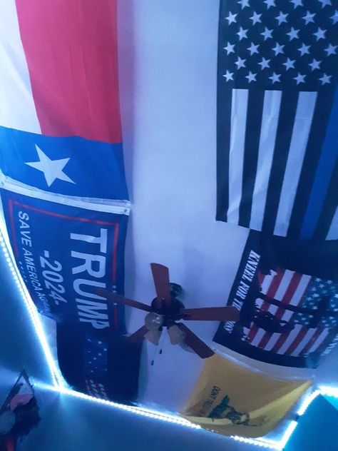 Country Room With Flags, American Flag In Bedroom, Room Ideas With Flags, Cool Flags For Room, Flags On Ceiling Bedroom, Flag Room Ideas, American Flag Bedroom Ideas, Patriotic Room Ideas, Flags On Ceiling