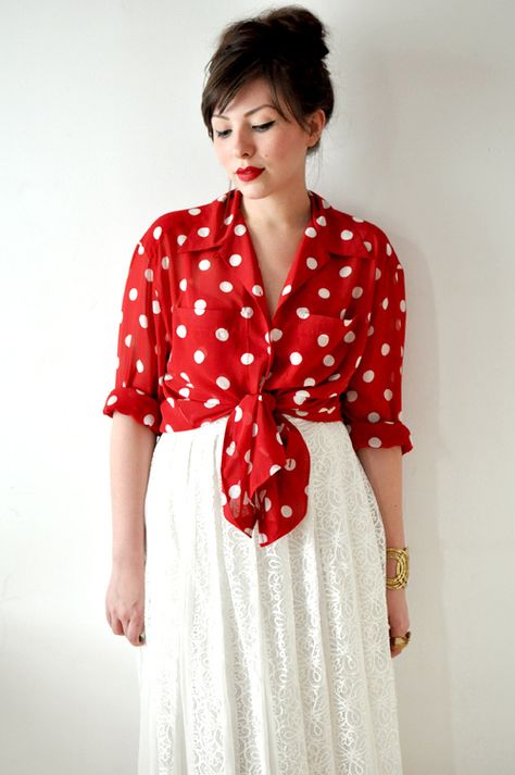 tie top + maxi White Polka Dot Blouse Outfit, Dot Shirt Outfit, Polka Dot Shirt Outfit, Red Polka Dot Top, Keiko Lynn, Lace Maxi Skirt, Beach Crop Tops, Red Polka Dot Dress, Red Outfits