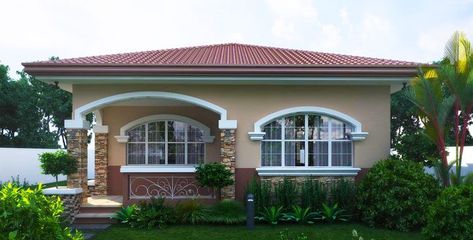 The exterior facade of this single floor house is very attractive with color combination truly inspiring. Maroon colored metal tile roofing sheet galvanized iron of steel roof trusses and purlins. The Single Storey House, Small House Design Philippines, Philippines House Design, Two Story House Design, Exterior Facade, Bungalow Style House Plans, Affordable House Plans, Steel Roof, Mediterranean House Plans