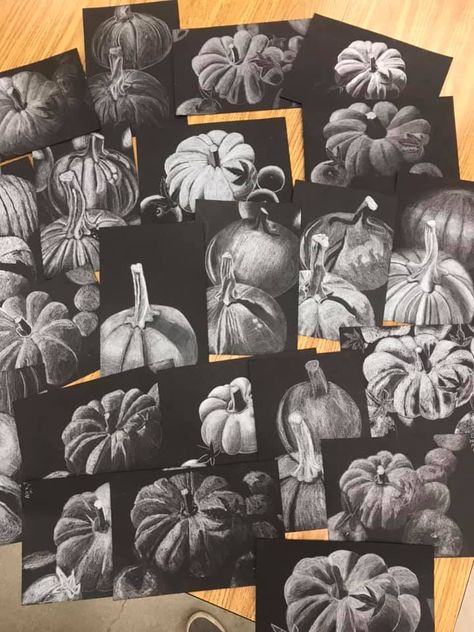 Value Art Project High School, Halloween Art Black And White, Eighth Grade Art Projects, Diy Paper Pumpkins, Texture Drawings, Drawing White On Black, Middle School Art Lessons, White Pencil On Black Paper, Pencil On Black Paper