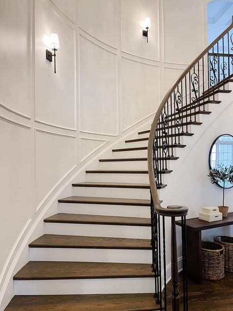 Curved Wall Staircase, Curved Staircase Foyer, Staircase Molding, Staircase Paneling, Round Stairs, درج السلم, Double Staircase, Iron Staircase, Stair Wall