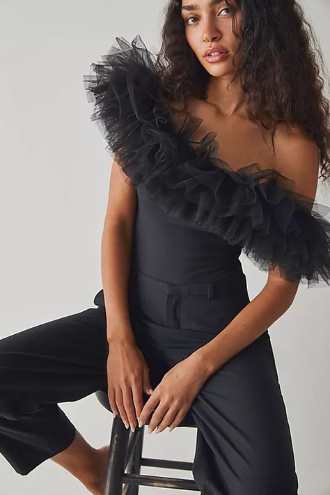 Big Love Bodysuit Ruffle Bodysuit, Square Neck Bodysuit, Silk Bottoms, Big Love, Free People Black, Lace Bodysuit, Black Ruffle, Black Bodysuit, High Cut