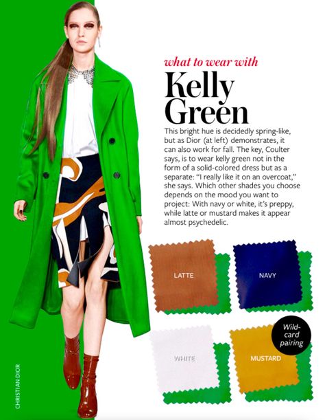 Bright green * brown, navy blue, white Instyle Color Crash Course, Kelly Green Dresses, Neon Prom Dresses, Green Color Combinations, Colour Combinations Fashion, Color Combinations For Clothes, Color Balance, Color Pairing, Wear Green