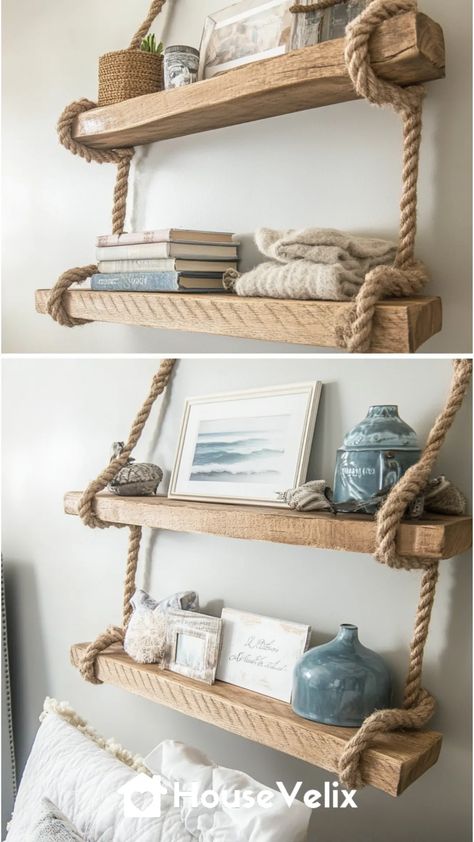 Nautical Rope Shelving Updated Nautical Headboard, Shelves With Rope, Nautical Dresser, Nautical House, Beachy Accessories, Nautical Decor Diy, Coastal Bedroom Ideas, Bedroom Shelves, White Washed Furniture