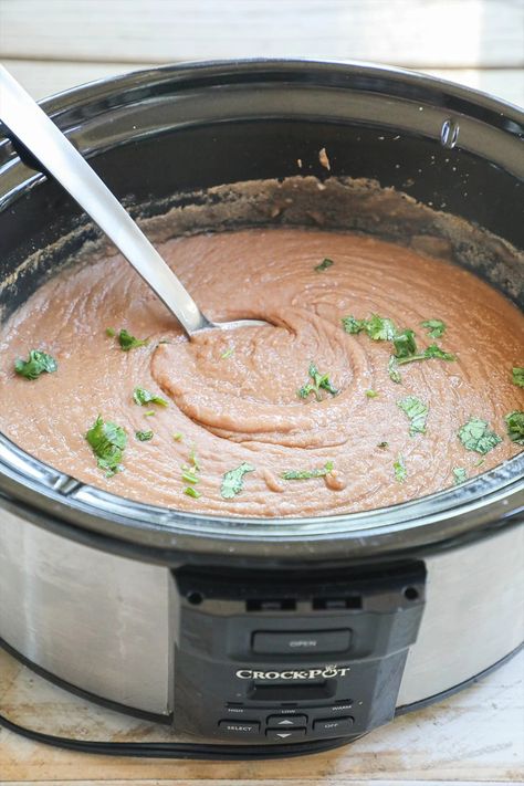 Mexican Style Crock Pot Refried Beans · Easy Family Recipes Refried Beans Slow Cooker, Black Bean Refried Beans, Crock Pot Refried Beans, Crockpot Refried Beans, Mexican Refried Beans, Beans Recipe Crockpot, Beans In Crockpot, Homemade Refried Beans, Refried Beans Recipe