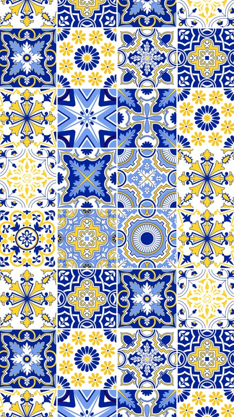 Portuguese Tiles Wallpaper, Tile Background Wallpapers, Lemon And Blue Kitchen, Italian Blue And Lemon Theme, Mediterranean Graphic Design, Blue Pottery Designs Pattern, Amalfi Pattern, Spanish Tile Wallpaper, Portuguese Aesthetic