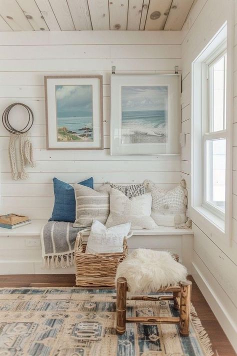 Coastal English Cottage, Cottage Gallery Wall, Beach Cottage Ideas, Beach House Furniture, Lake House Interior, Beach House Living Room, Coastal Beach House, Bedroom Remodel, Beachy Decor