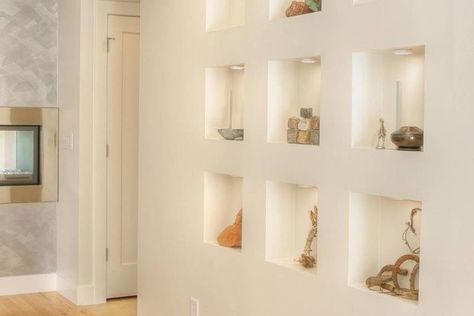 built in plaster shelves Built In Plastered Shelves, Plaster Shelving, Plaster Shelves, Glasgow Apartment, Shelf With Cabinet, Borneo Island, Gypsum Design, Bungalow Ideas, Shelf Inspiration