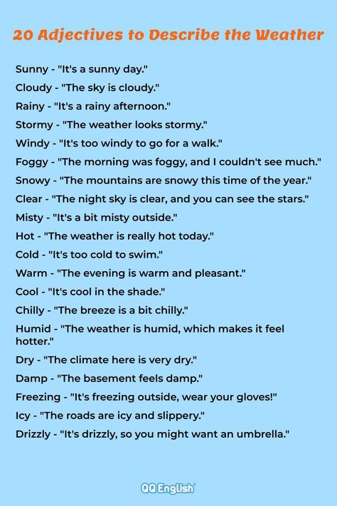 20 Adjectives about the weather Describing Weather Writing, Basic English Grammar Book, Adjective Words, Weather Vocabulary, English Grammar Book, Basic English, Grammar Book, English Worksheets For Kids, Vocabulary List