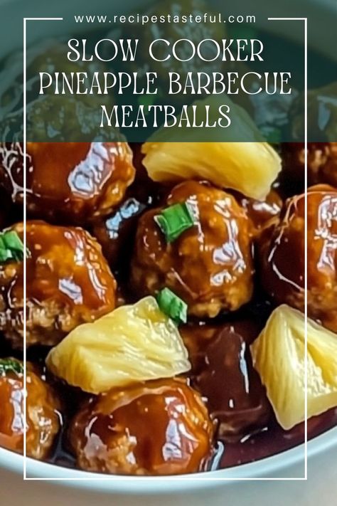 These delicious Slow Cooker Pineapple Barbecue Meatballs are a perfect blend of sweet and savory flavors. Made with frozen meatballs, tangy barbecue sauce, and juicy pineapple, this dish is easy to prepare and ideal for family dinners or parties. Slow Cooker Pineapple Bbq Meatballs, Teriyaki Pineapple Meatballs Crockpot, Hawaiian Bbq Meatballs, Sweetish Meatballs Crockpot, Pineapple Bbq Meatballs Crockpot, Bbq Cocktail Meatballs, Pineapple Dinner Ideas, Slow Cooker Pineapple Meatballs, Hawaiian Meatballs Crockpot Easy