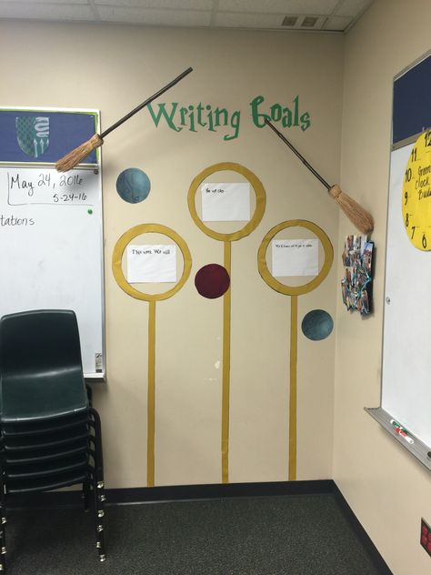 Harry Potter Classroom writing goals Harry Potter Bulletin Board, Harry Potter Classroom Theme, Harry Potter Classes, Classe Harry Potter, Classroom Decor Middle, Harry Potter School, Cumpleaños Harry Potter, Bored Teachers, Harry Potter Classroom