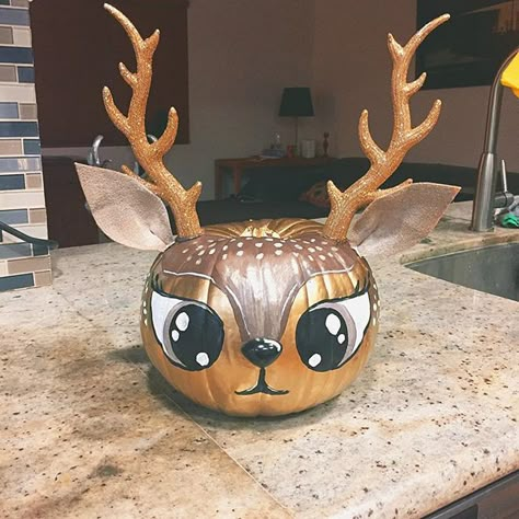 Some of us can't do "normal" pumpkins 🎃 #pumpkin #deer #deerpumpkin Painting Pumkins Ideas, Creative Pumpkin Painting, Creative Pumpkin Decorating, Character Pumpkins, Pumpkin Decorating Contest, No Carve Pumpkin Decorating, Mascaras Halloween, Dog Pumpkin, Pumpkin Contest