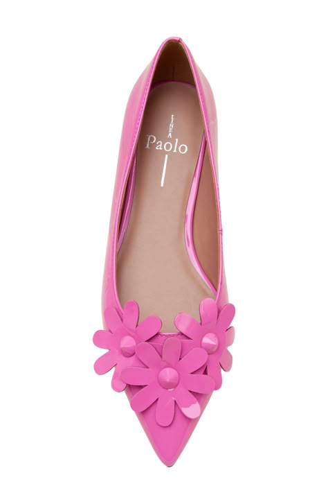 Glossy studs center floral appliqués at the vamp of a sleek leather flat fashioned with a pointy toe for contemporary allure. Cushioned footbed Slip-resistant sole Leather upper/synthetic lining/rubber sole Imported Flat Evening Shoes, Pink Manolo Blahnik Shoes, Sloan Ranger, Pink Shoes Outfit, Low Heel Dress Shoes, Pink Block Heels, Purse Trends, Warm Pink, Flower Shoes