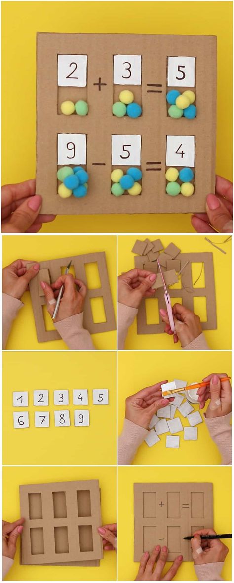 This fun Cardboard Math Learning Board is a great way to teach early math and is easy to make with simple recycled materials. #hellowonderful Diy Learning Toys, Easy Recycled Crafts, Recycling Activities, Hello Wonderful, Recycled Crafts Kids, Learning Board, Math Toys, Math Learning, Easy Arts And Crafts