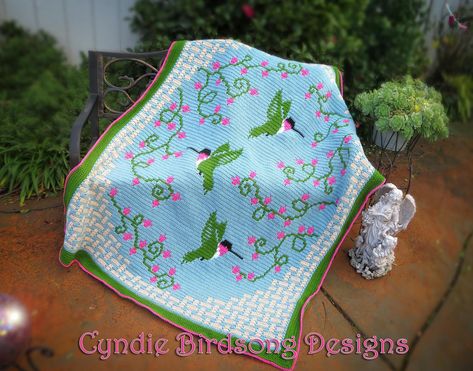 Happy Hummingbirds - overlay mosaic blanket Crochet pattern by Cyndie Birdsong Hummingbird Blanket, Crochet Hummingbird, Hummingbird Crochet, Mosaic Blanket, Caron One Pound Yarn, Overlay Mosaic Crochet, Spring Evening, Mosaic Crochet, Latch Hook Rugs