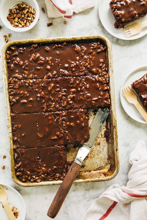 This Texas sheet cake recipe for a 9 x 13 pan is a small batch version of the classic! Super moist and light chocolate cake is topped with chocolate fudge candy frosting and toasted pecans. Texas Chocolate Sheet Cake, Light Chocolate Cake, Texas Sheet Cake Recipe, Foodie Aesthetic, Sheet Cake Recipe, Chocolate Fudge Frosting, Texas Sheet, Fudge Candy, Baking Journal