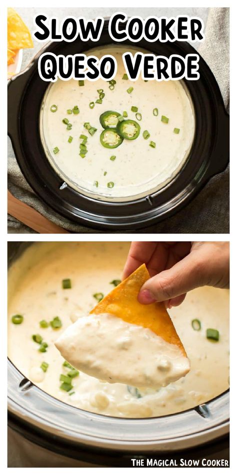 Make an entire pot of slow cooker queso verde for your next party! Filled with white cheese, green salsa, and jalapenos, it tastes just like restaurant queso. - The Magical Slow Cooker Salsa Verde Cheese Dip, White Queso Dip Crockpot Velveeta, Restaurant Queso, Mexican Cheese Dip Recipes, Chili Queso Dip, Slow Cooker Queso, Crock Pot Queso, Velveeta Recipes, Tailgate Party Food