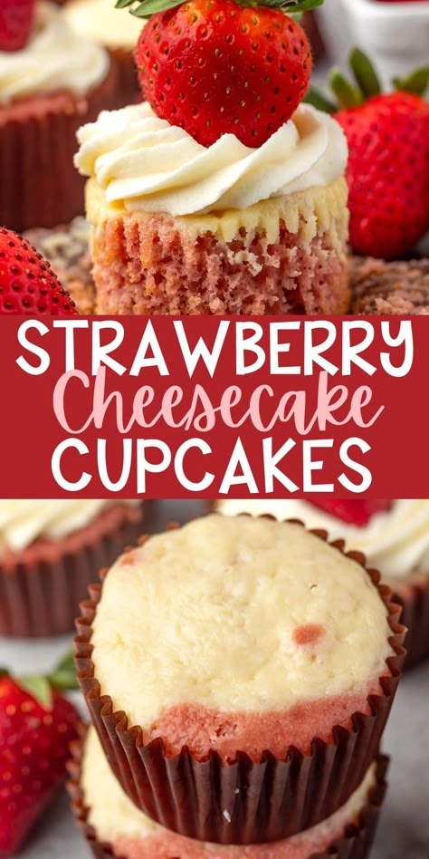 Strawberry Cheesecake Cupcake are an easy strawberry cake mix cupcake full of cheesecake and a cream cheese frosting - with tons of fresh strawberries inside!! You'll love these. Strawberry Shortcake Cheesecake Cupcakes, Strawberry Cupcakes Birthday, Strawberry Cream Cheese Cupcakes, Mother Day Dessert Ideas, Strawberry Cupcakes With Cake Mix Boxes, Cupcakes With Filling Inside, Cupcake Cakes Birthday, Strawberry Cheesecake Mini, Cupcakes With Strawberries