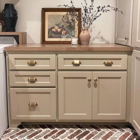 Sherwin Williams sandbar Sherwin Williams Cabinet Paint, Painted Built Ins, Bathroom Cabinet Colors, Laundry Room Colors, Kitchen Cabinet Color Ideas, Built In Buffet, Red Paint Colors, Yellow Paint Colors, Cozy Family Rooms