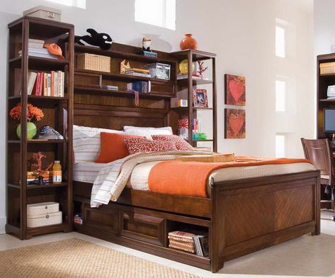 13 sneaky storage spots you’ve probably overlooked Full Size Storage Bed, Storage Hacks Bedroom, Bookshelf Headboard, Murphy Bed Ikea, Modern Murphy Beds, Headboard With Shelves, Murphy Bed Diy, Murphy Bed Plans, Bookcase Bed