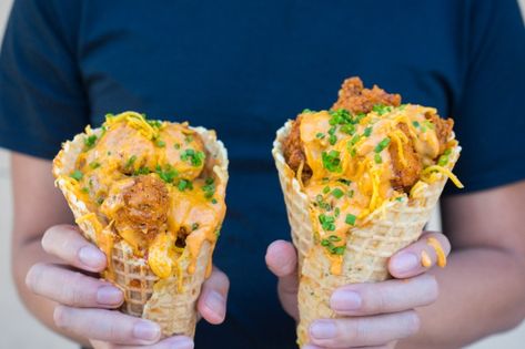 This Cheesy Chicken-Stuffed Waffle Cone Is Going To Crush Appetites At Oozefest Cone Dessert Ideas, Waffle Cone Dessert Ideas, Chicken And Waffle Cone Recipe, One Bite Desserts, Stuffed Waffle Cones, Stuffed Cones, Cone Recipes, Stuffed Waffle, Carnival Foods