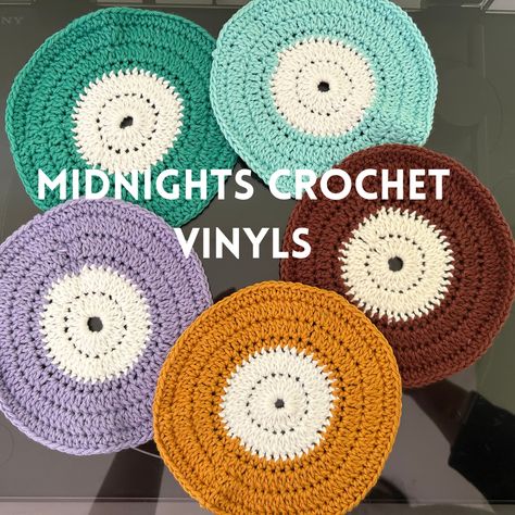 Handmade Taylor Swift crochet vinyls!!! Perfect for use as a coaster or a collectible for vinyl collectors. Handmade in London, by a small business. Perfect for the music lover in your life. #crochet #crochetvinyl #crochetsmallbusiness #crochetmusic #vinylcollector #recordcollectors #crochetgifts #customvinyl #crochetpresent #taylorswift #taylorswiftvinyls #taylorswiftcrochet #taylorswiftmusic #taylorswiftrecords #midnights #folklore #evermore Crochet Vynil Record, Crochet Taylor Swift Stuff, Taylor Swift Embroidery Pattern, Taylor Swift Crochet Ideas, Folklore Crochet, Vinyl Crochet, Crochet Vinyl, Crochet Taylor Swift, Taylor Swift Crochet