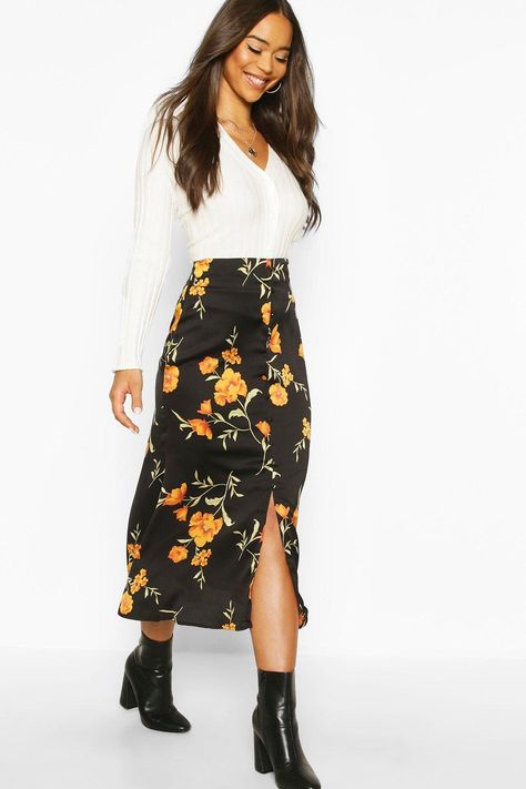 Womens Button Front Floral Midi Skirt - black - 6 Orange And Black Floral Skirt, Black Floral Print Party Skirt, Black Floral Print Midi Skirt, Black Floral Print Flowy Skirt, Non-stretch Floral Print Skirt, Floral Midi Skirt, Black Midi Skirt, Hip Hop Fashion, Model Photos