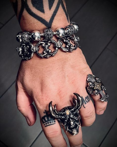 New beacelet „Sumerian“ available soon. A smaller 14 mm beads piece that goes perfectly well as companion piece with our other bracelets #skull #skulllover #skullart #bikerstyle #skullartwork #girlsjewelry #silverbracelet #jewlery #bracelet #925silver #bikerjewelry #biker #tbar #silverbeads #jewlerydesign #jewlerydesigner #silversmith #jewleryoftheday #gothicstyle #rockstyle #badass #baroque #handmade #instajewelry #instajewellery #mensjewelry #silverbracelet #ornaments #customjewelry #gothic Make Your Own Story, Biker Jewelry, Skull Lover, Hand Accessories, Skull Artwork, Mens Ring, Biker Style, Cute Cats And Dogs, Everyday Objects