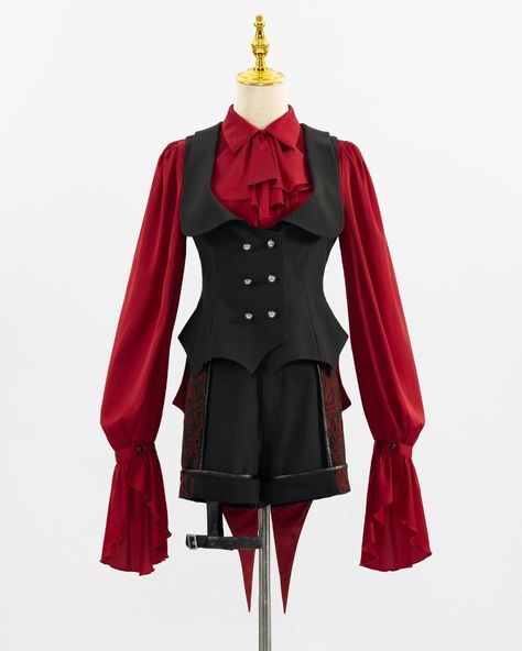 ❤️🖤Vampire vibes Ouji fashion set: Bat Wings Tail Waistcoat + Shirt with Jabot Tie + Shorts with Leg Loop. Order here: https://www.devilinspired.com/jfashion-clothes-by-devilinspired #devilinspired #ouji #oujifashion #gothic #gothicstyle #lolitacoord Vampire School Uniform, Devil Costume For Men, Dracula Outfit, Bat Outfit, Vampire Collar, Royal Vampire, Vampire Outfits, Cascade Collar, Vampire Outfit