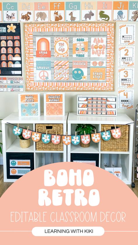 Boho Groovy Classroom, Boho Retro Classroom, Boho Classroom Decor Ideas, Groovy Classroom Theme, Retro Classroom Theme, Space Bulletin Boards, Retro Classroom Decor, Groovy Room, Retro Classroom