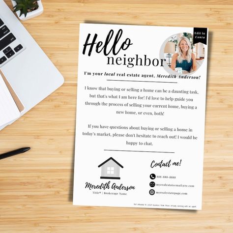 Hello Neighbor Farming Letter for Realtors and Lenders | Real Estate Marketing and Mailers | Editable Real Estate Templates | Classic Series Marketing Letters, Advertisement Ideas, Realtor Ideas, Canva Real Estate, Marketing Gifts, Business Hacks, Real Estate Postcards, Referral Marketing, Marketing Gift