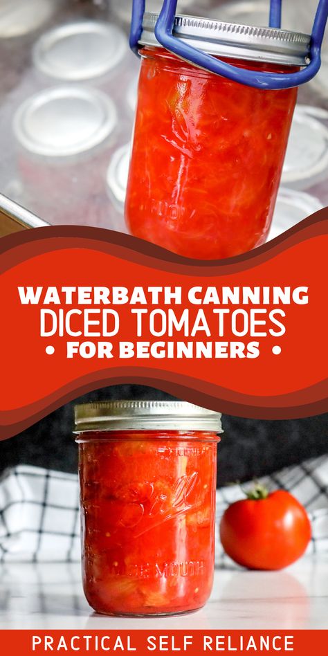 A Ball canning mason jar filled with diced and crushed tomatoes being pulled out of a water bath canner for long-term food preservation. Diced Tomatoes Canning, Tomato Recipes For Canning, Canning Tomatoes Water Bath, Canning Fruit Recipes, Canned Tomato Recipes, Recipes With Diced Tomatoes, Preserve Tomatoes, Recipes For Canning, Preserving Fruit