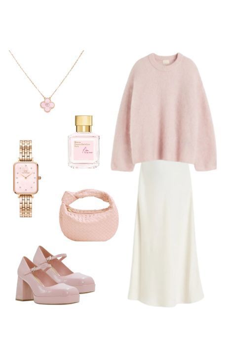 Light Pink Christmas Outfit, Soft Feminine Winter Outfits, Light Pink Winter Outfits, Pink Day Outfits, Light Pink Outfit Ideas, Pink And Beige Outfit, Soft Pink Outfits, Light Spring Color Palette Outfits, Pink And White Fashion