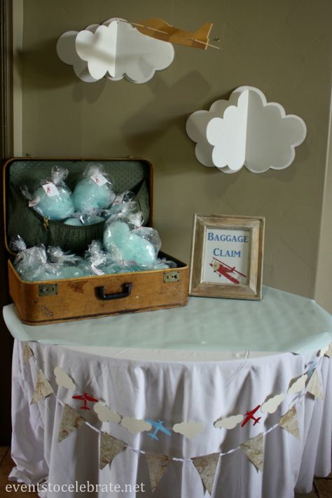 Airplane Party Table Decor, Airplane Baby Shower Centerpieces, Airplane Birthday Party Favors, Vintage Plane Baby Shower Ideas, Baby Shower Planes Theme, Plane Themed Baby Shower Ideas, Cloud Favors, Airplane Theme Baby Shower Decor, Plane Baby Shower Ideas