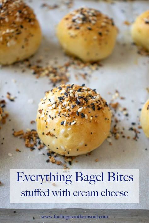 Everything Bagel Bites are small nuggets of heaven stuffed with melty cream cheese that is going to have you singing love songs till the end of time! They are bite-size and the perfect carb and cheese delight in which you won’t be able to stop at just one! Cream Cheese Everything Bagel Seasoning, Bite Size Brunch, Everything Bagel Bites, Bagel Bites Recipe, Bite Size Breakfast, A Southern Soul, Cheese Bagels, Everything Bagel Seasoning, Mini Bagels